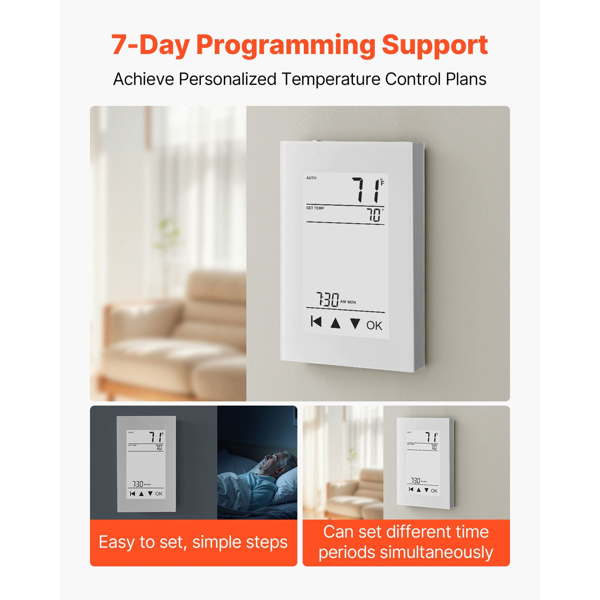 7-Day Programmable Thermostat, Home Thermostats for Radiant Underfloor Heating Cable, Heat Pump, with GFCI & Sensitive Sensor, LCD Touchscreen, Energy-Efficient, Gray-White (Without Wifi)