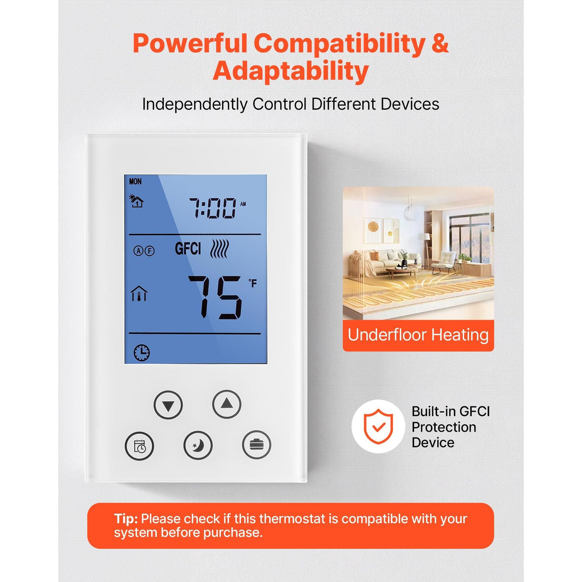 7-Day Programmable Thermostat, Home Thermostats for Radiant Underfloor Heating Cable,Heat Pump, Built-in GFCI & Sensitive Sensor, LED Screen with Backlight,Energy-Efficient,White