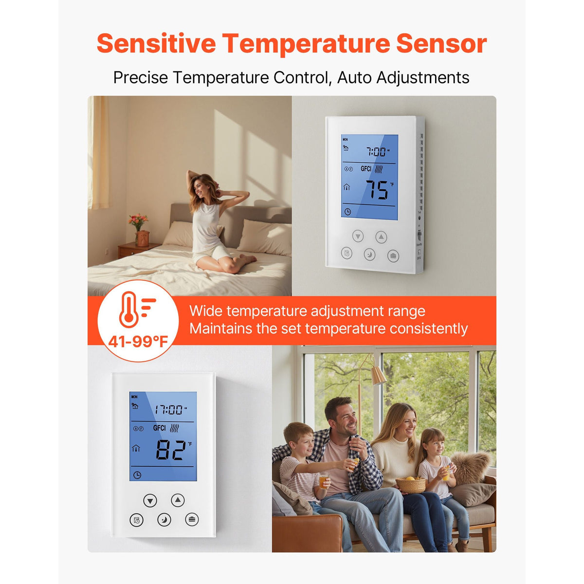 7-Day Programmable Thermostat, Home Thermostats for Radiant Underfloor Heating Cable,Heat Pump, Built-in GFCI & Sensitive Sensor, LED Screen with Backlight,Energy-Efficient,White