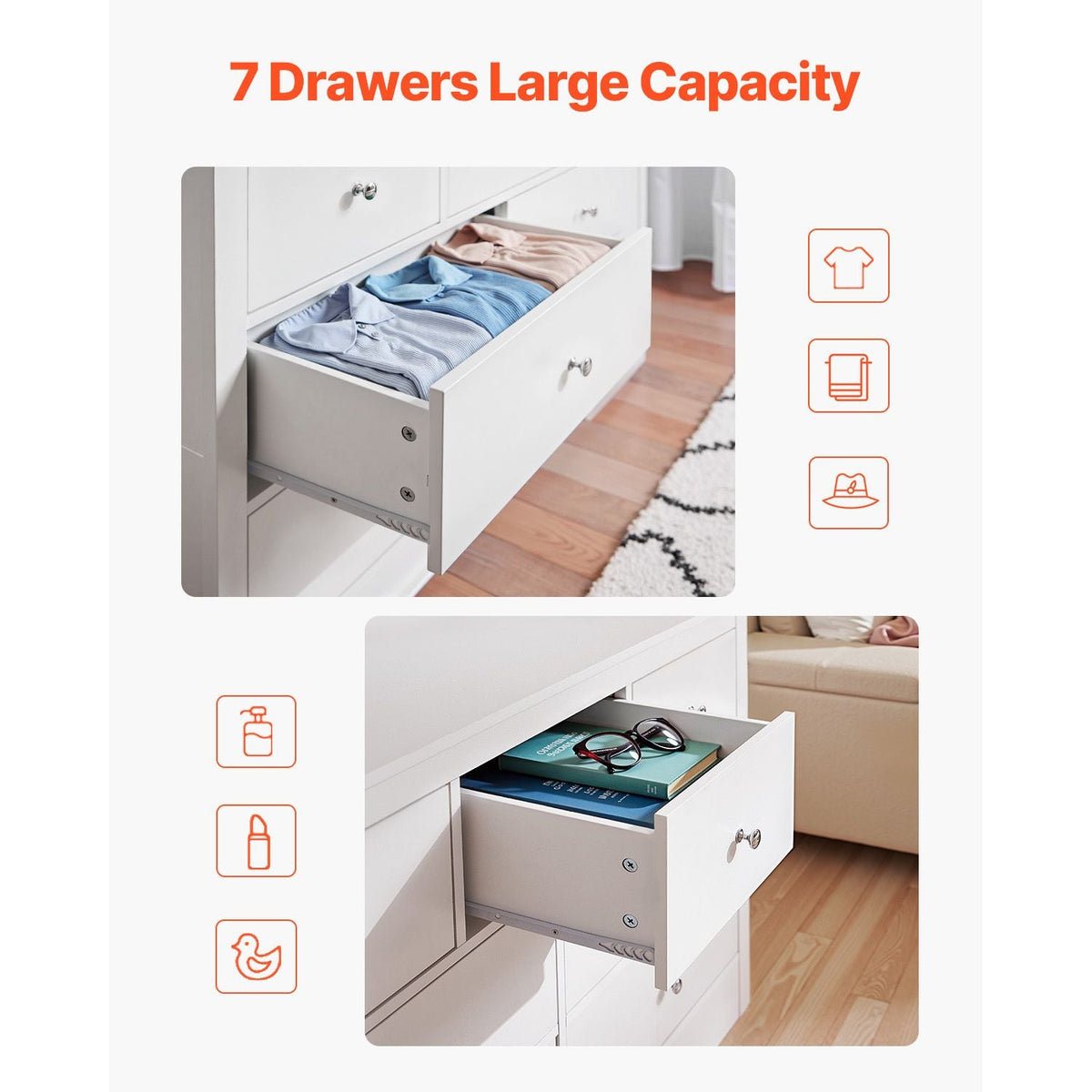 7 Drawer Dresser, Wooden Chest of Drawers with Sliding with Anti-tip Device, Modern Minimalist Dresser Chest, Closet Storage Organizer for Living Room, Hallway, Bedroom, Entryway, Light Wood