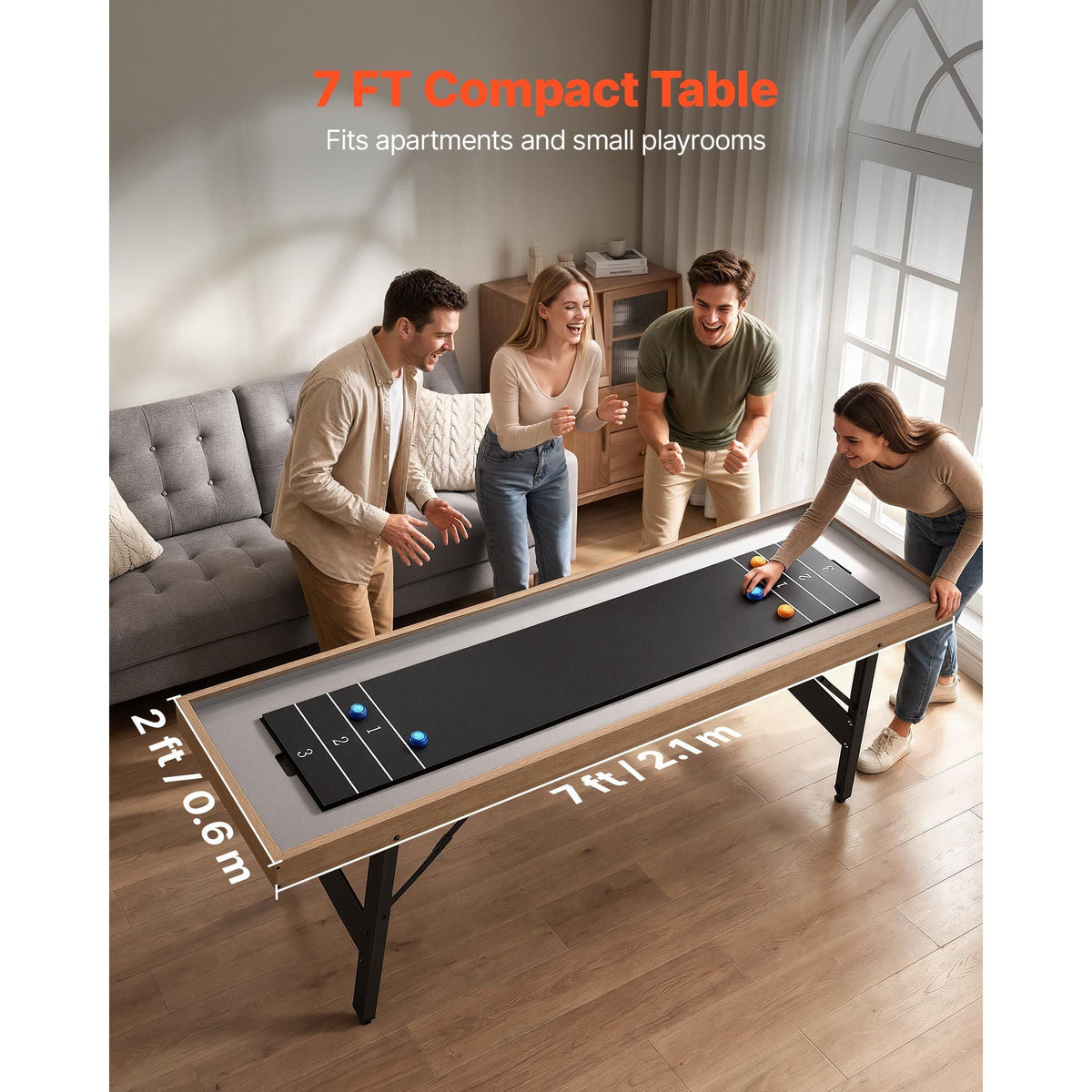 7 ft Shuffleboard Table, 2 in 1 Shuffleboard and Tabletop Curling Combo Game, Compact Shuffle Board with Smooth Surface, Folding Legs, 8 Pucks, Easy to Disassemble and Move, for Family Game Room