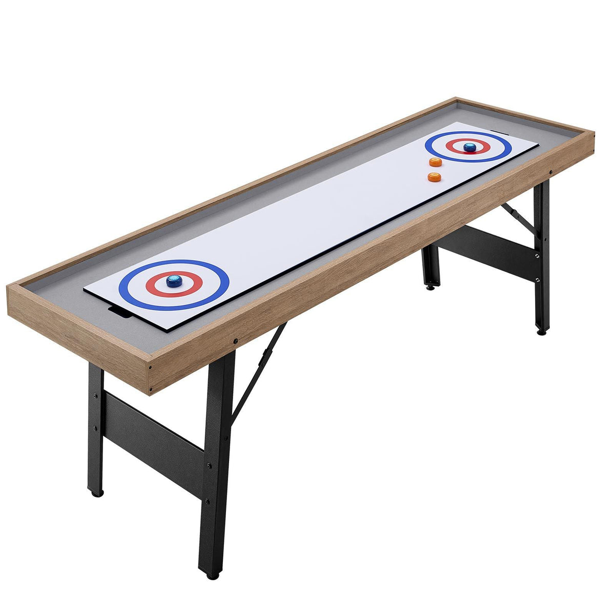 7 ft Shuffleboard Table, 2 in 1 Shuffleboard and Tabletop Curling Combo Game, Compact Shuffle Board with Smooth Surface, Folding Legs, 8 Pucks, Easy to Disassemble and Move, for Family Game Room
