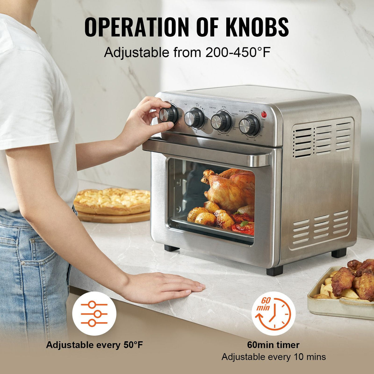 7-IN-1 Air Fryer Toaster Oven, 18L Convection Oven, 1700W Stainless Steel Toaster Ovens Countertop Combo with Grill, Pizza Pan, Gloves, 6 Slices Toast, 12-inch Pizza, Home and Commercial Use