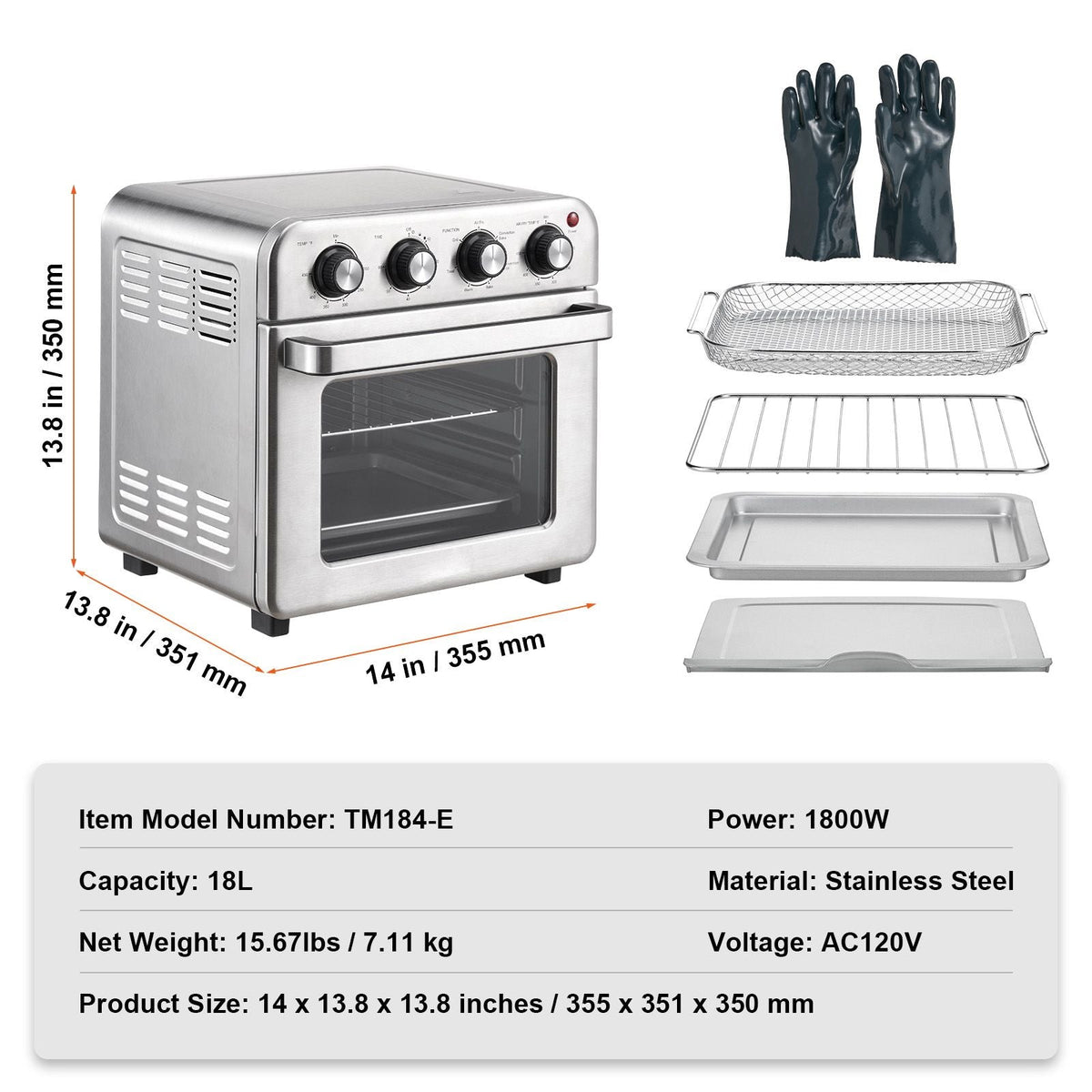 7-IN-1 Air Fryer Toaster Oven, 18L Convection Oven, 1700W Stainless Steel Toaster Ovens Countertop Combo with Grill, Pizza Pan, Gloves, 6 Slices Toast, 12-inch Pizza, Home and Commercial Use
