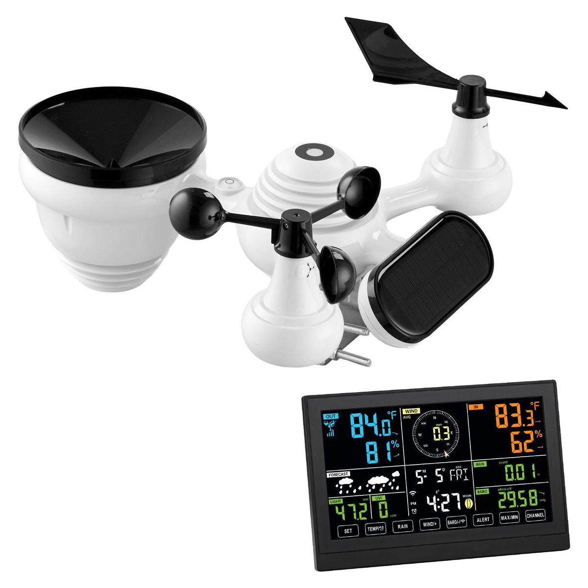 7-in-1 Wi-Fi Weather Station, 7.5-Inch VA Display, Solar Powered Wireless Outdoor Sensor, Home Weather Station Indoor Outdoor, for Temperature, Humidity, Wind Speed/Direction, Rainfall, No APP
