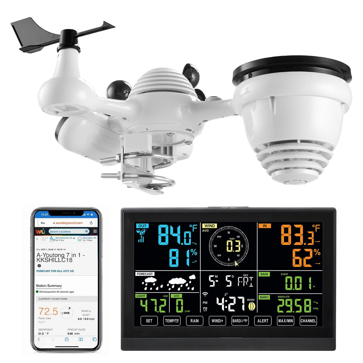 7-in-1 Wi-Fi Weather Station, 7.5-Inch VA Display, Solar Powered Wireless Outdoor Sensor, Home Weather Station Indoor Outdoor, for Temperature, Humidity, Wind Speed/Direction, Rainfall, No APP