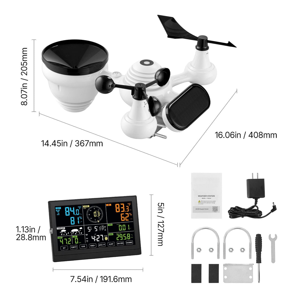 7-in-1 Wi-Fi Weather Station, 7.5-Inch VA Display, Solar Powered Wireless Outdoor Sensor, Home Weather Station Indoor Outdoor, for Temperature, Humidity, Wind Speed/Direction, Rainfall, No APP