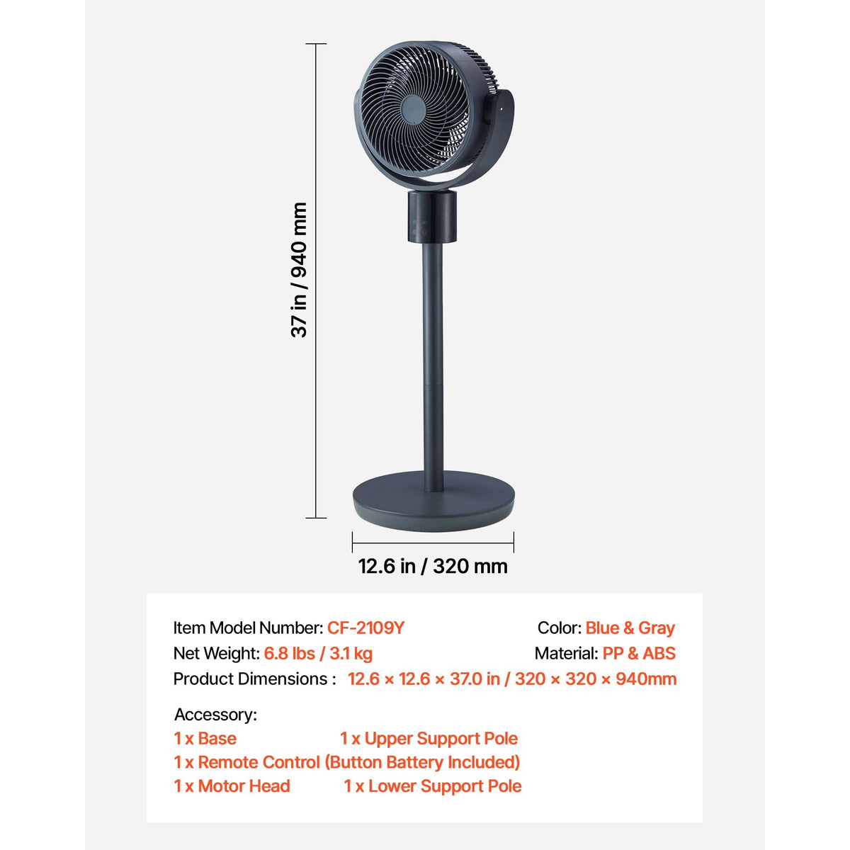 7-Inch Pedestal Fan, Oscillating Standing Floor Fan with DC Motor, Remote Control, 12 Speeds & 3 Modes, 15H Timer, Adjustable Height, Quiet for Home, Bedroom, Living Room, Study Room, Blue Gray