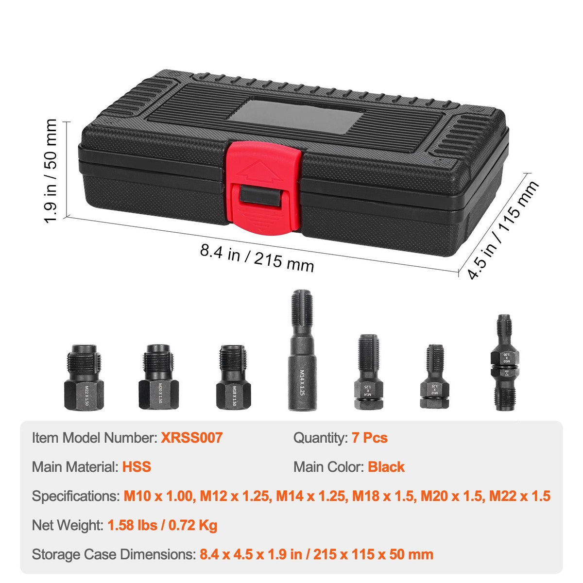 7-Piece Thread Chaser Set, Metric Thread Restorer Tool M10 M12 M14 M18 M20 M22, Rethreading Tool Kit with Storage Case, Heat Treated Carbon Steel, for Automotive Thread Repair Applications