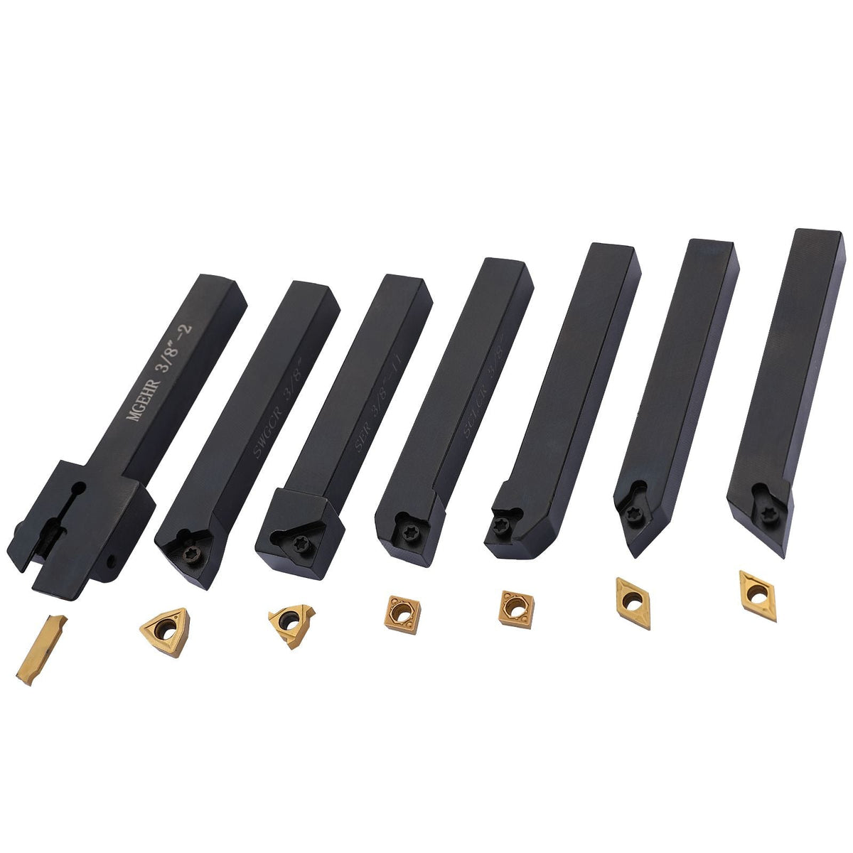 7 Pieces Indexable Lathe Turning Tool Holder, 3/8 in, CNC Heavy-Duty Metal Lathe Cutting Tools, with Tin Coated Carbide Inserts Aluminum Case, for Turning Grooving Threading Cut Off Holders Se
