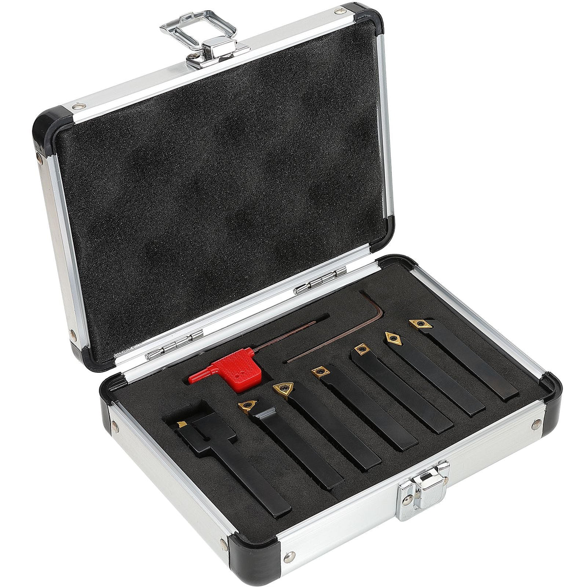 7 Pieces Indexable Lathe Turning Tool Holder, 3/8 in, CNC Heavy-Duty Metal Lathe Cutting Tools, with Tin Coated Carbide Inserts Aluminum Case, for Turning Grooving Threading Cut Off Holders Se