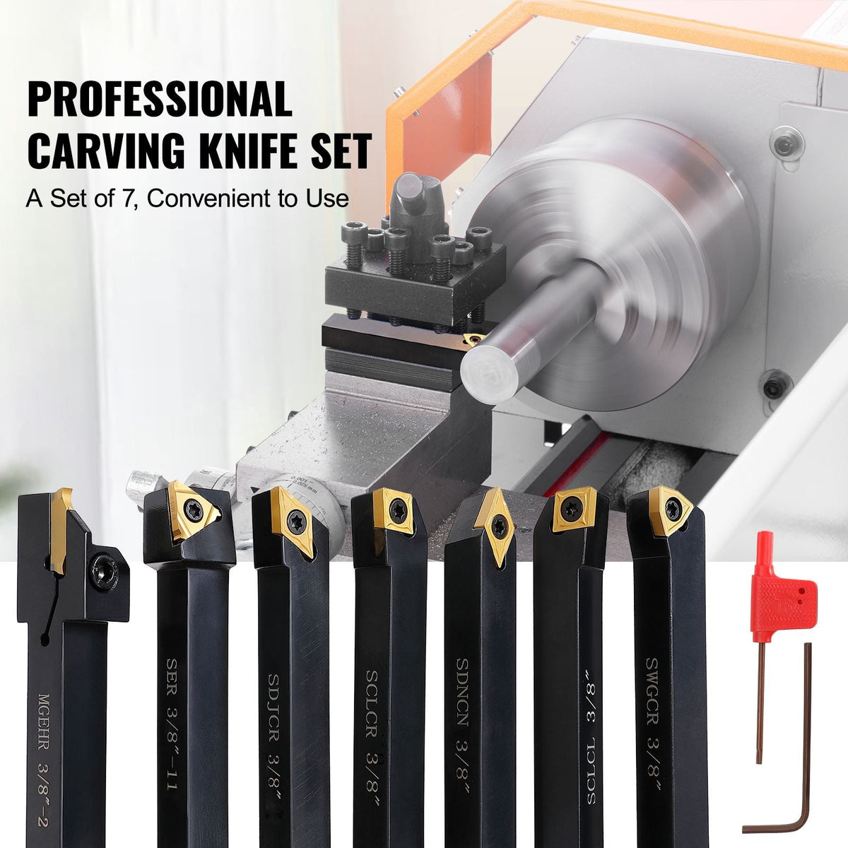 7 Pieces Indexable Lathe Turning Tool Holder, 3/8 in, CNC Heavy-Duty Metal Lathe Cutting Tools, with Tin Coated Carbide Inserts Aluminum Case, for Turning Grooving Threading Cut Off Holders Se