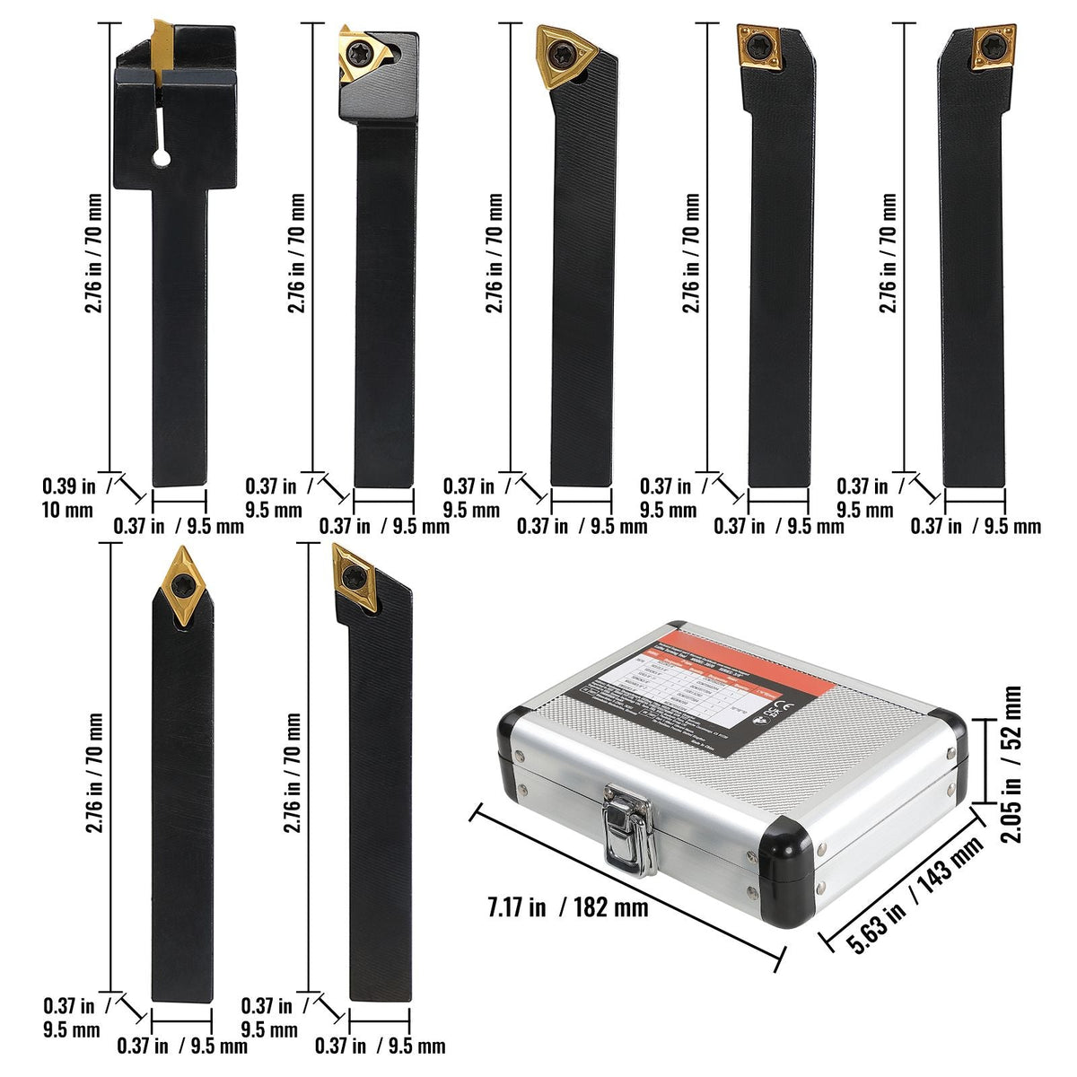7 Pieces Indexable Lathe Turning Tool Holder, 3/8 in, CNC Heavy-Duty Metal Lathe Cutting Tools, with Tin Coated Carbide Inserts Aluminum Case, for Turning Grooving Threading Cut Off Holders Se