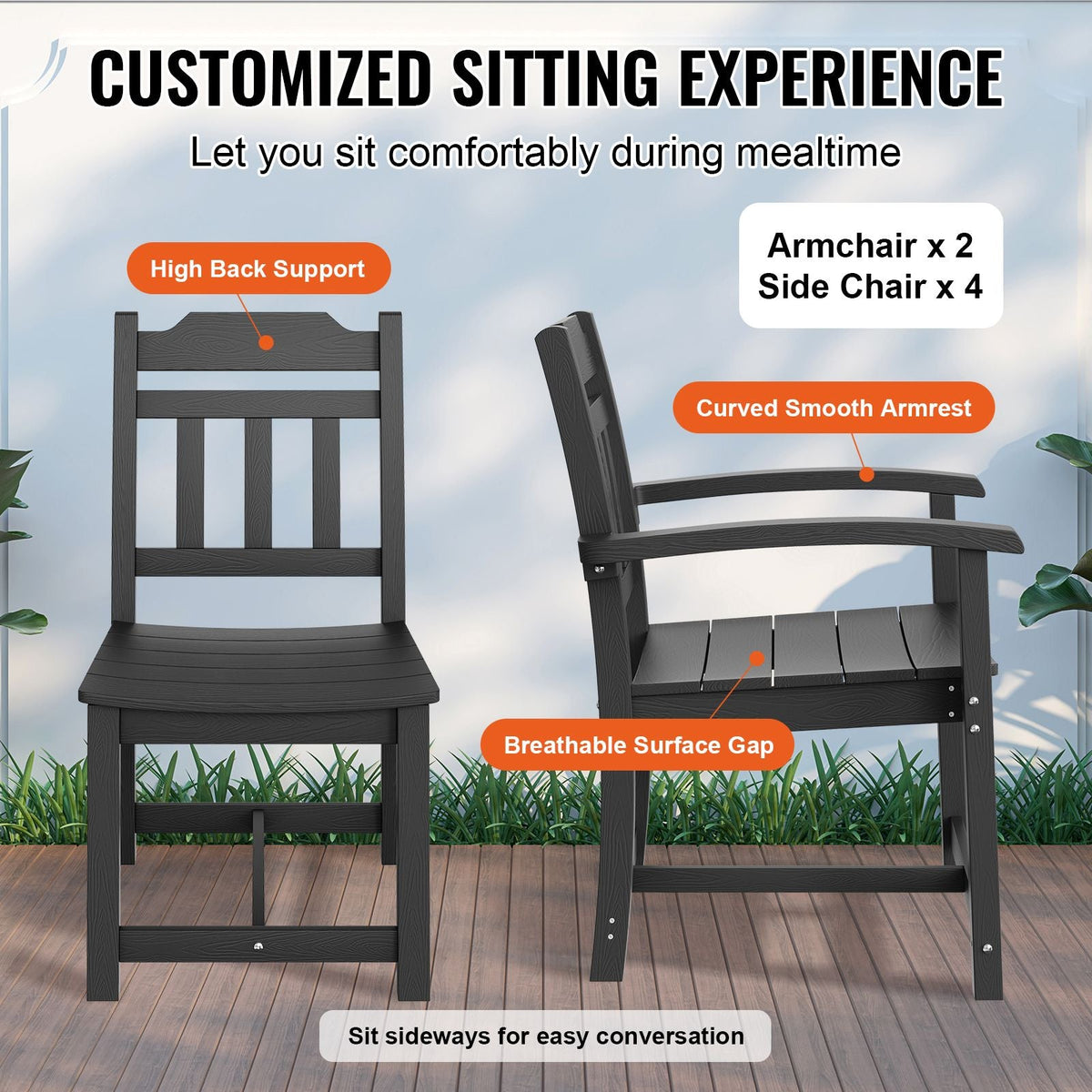 7 Pieces Patio Dining Set, Outdoor Rectangle Furniture Table and Chairs Set, All Weather Garden Furniture Table Sets, HIPS Patio Conversation Set, For Lawn, Deck, Backyard, Poolside, Black