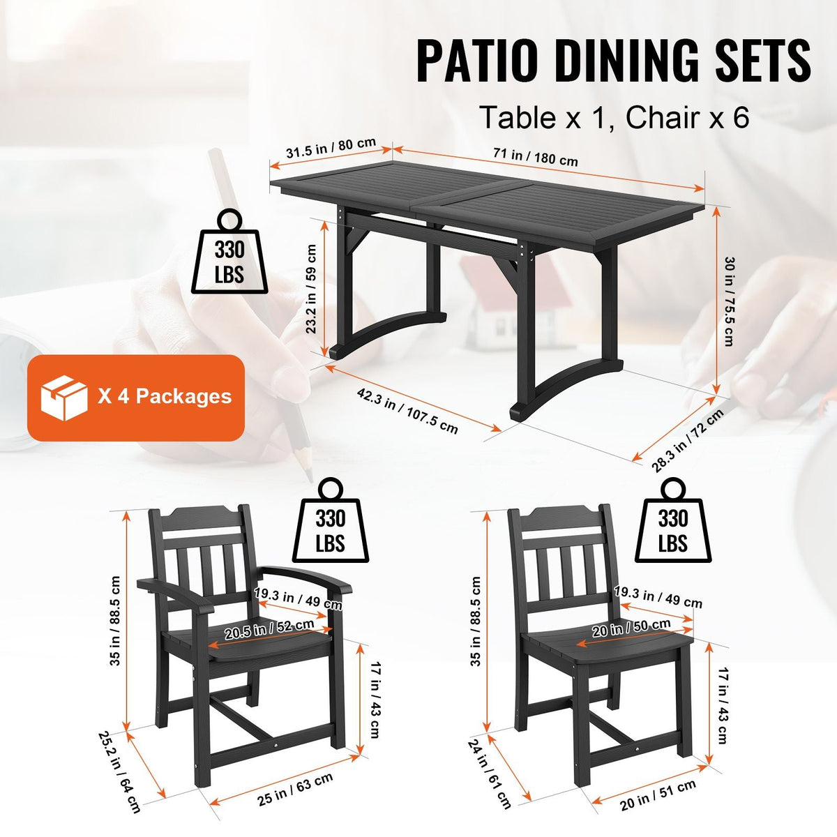 7 Pieces Patio Dining Set, Outdoor Rectangle Furniture Table and Chairs Set, All Weather Garden Furniture Table Sets, HIPS Patio Conversation Set, For Lawn, Deck, Backyard, Poolside, Black