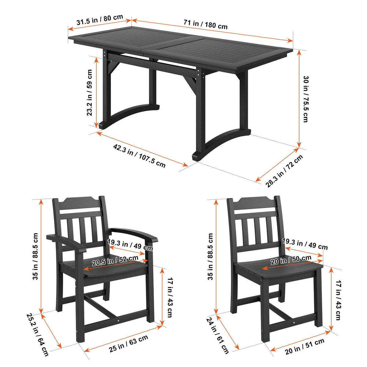 7 Pieces Patio Dining Set, Outdoor Rectangle Furniture Table and Chairs Set, All Weather Garden Furniture Table Sets, HIPS Patio Conversation Set, For Lawn, Deck, Backyard, Poolside, Black