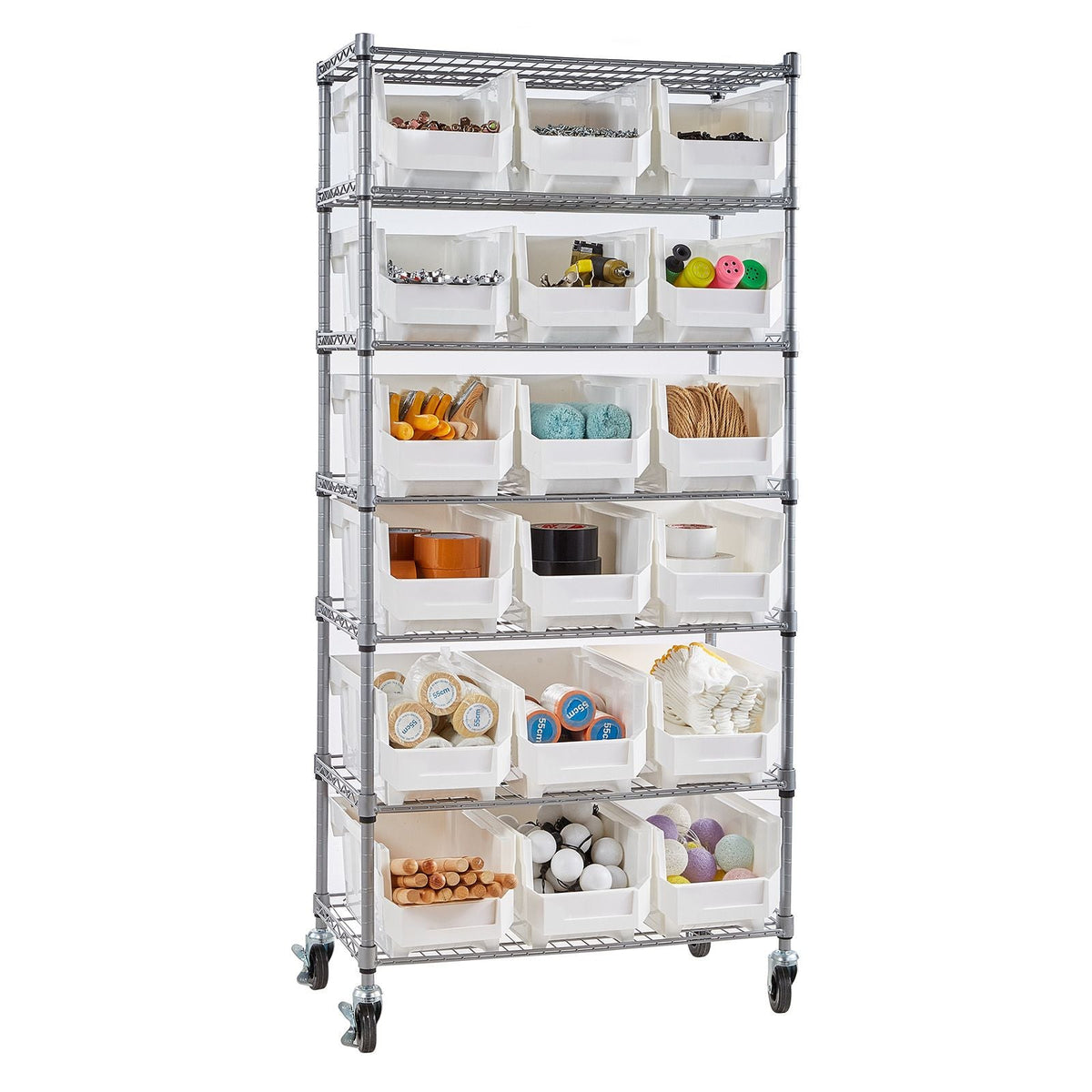 7-Tier Rolling Bin Storage Rack, 18 Organizer Bins, Bin Rack Storage Steel Wire Shelving System with Wheels, Mobile Tool Organizer for Garage, Warehouse, Office, Restaurant, Classroom, Kitchen