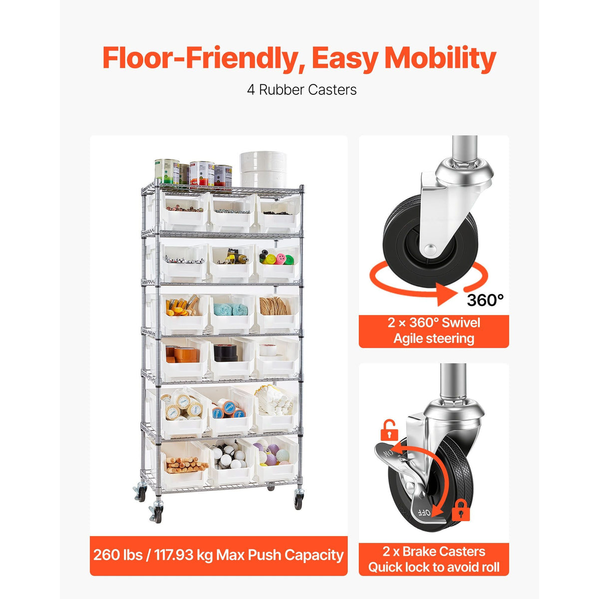 7-Tier Rolling Bin Storage Rack, 18 Organizer Bins, Bin Rack Storage Steel Wire Shelving System with Wheels, Mobile Tool Organizer for Garage, Warehouse, Office, Restaurant, Classroom, Kitchen