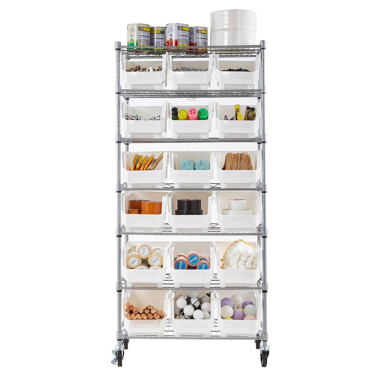 7-Tier Rolling Bin Storage Rack, 18 Organizer Bins, Bin Rack Storage Steel Wire Shelving System with Wheels, Mobile Tool Organizer for Garage, Warehouse, Office, Restaurant, Classroom, Kitchen