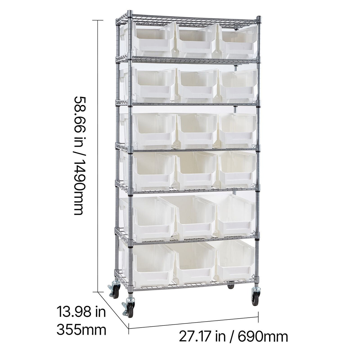 7-Tier Rolling Bin Storage Rack, 18 Organizer Bins, Bin Rack Storage Steel Wire Shelving System with Wheels, Mobile Tool Organizer for Garage, Warehouse, Office, Restaurant, Classroom, Kitchen