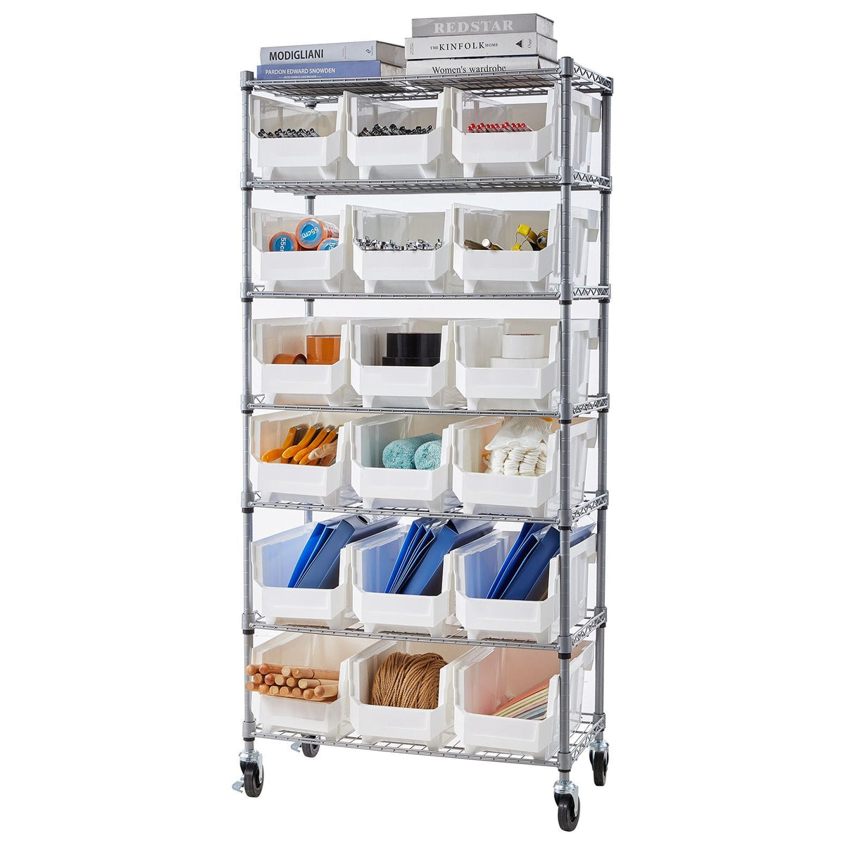 7-Tier Rolling Bin Storage Rack, 18 Organizer Bins, Bin Rack Storage Steel Wire Shelving System with Wheels, Mobile Tool Organizer for Garage, Warehouse, Office, Restaurant, Classroom, Kitchen