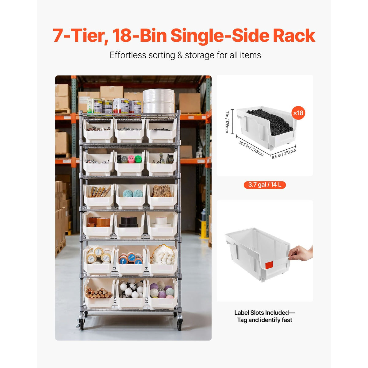 7-Tier Rolling Bin Storage Rack, 18 Organizer Bins, Bin Rack Storage Steel Wire Shelving System with Wheels, Mobile Tool Organizer for Garage, Warehouse, Office, Restaurant, Classroom, Kitchen