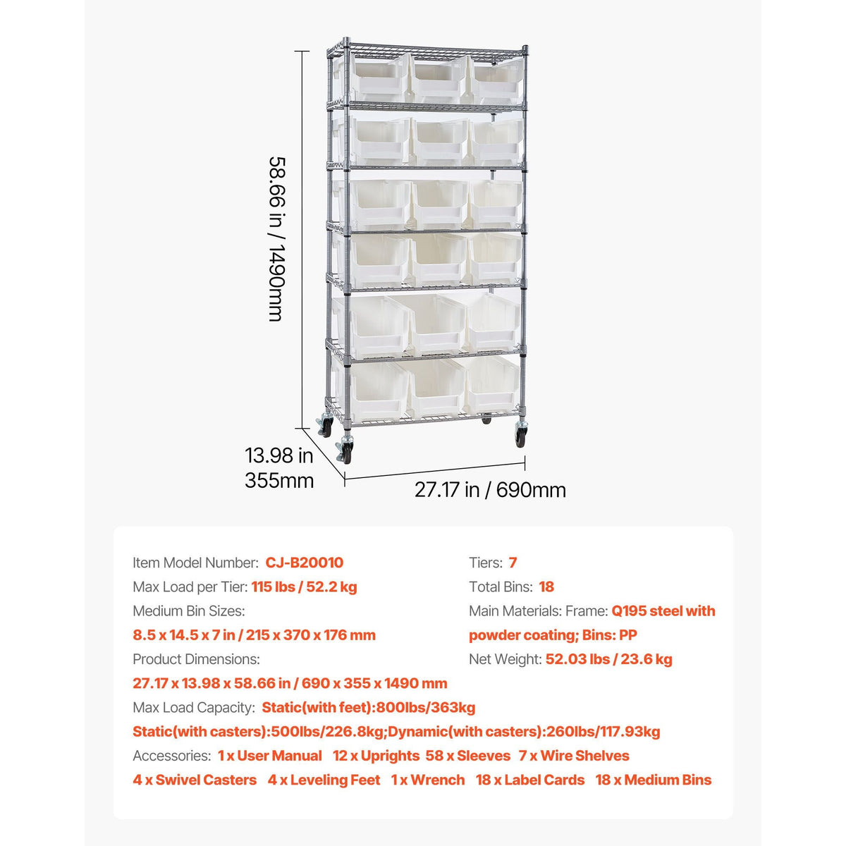 7-Tier Rolling Bin Storage Rack, 18 Organizer Bins, Bin Rack Storage Steel Wire Shelving System with Wheels, Mobile Tool Organizer for Garage, Warehouse, Office, Restaurant, Classroom, Kitchen