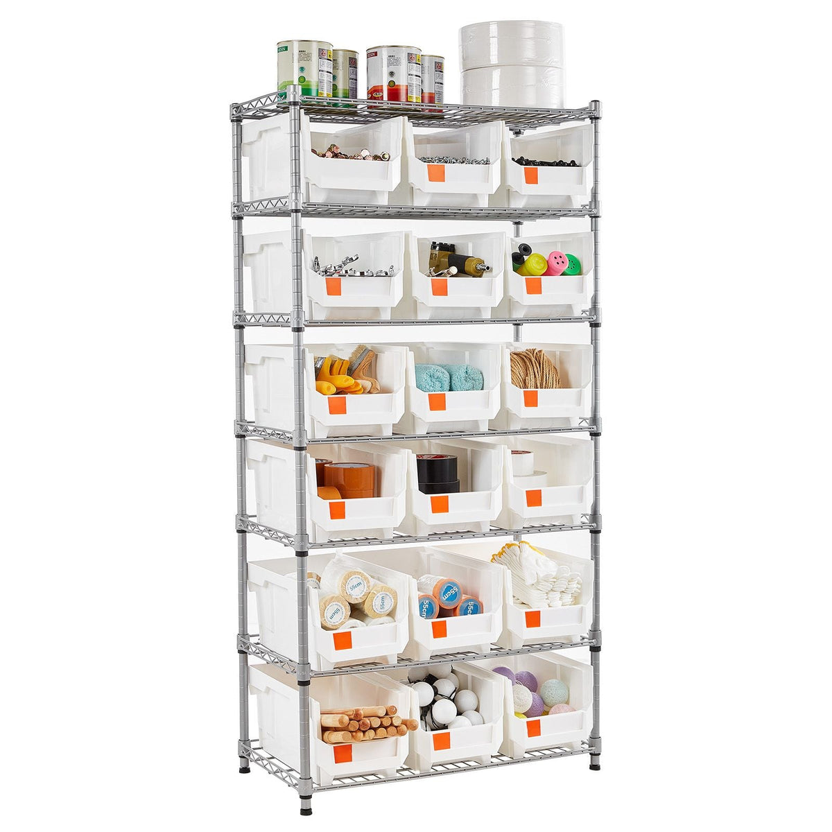 7-Tier Rolling Bin Storage Rack, 18 Organizer Bins, Bin Rack Storage Steel Wire Shelving System with Wheels, Mobile Tool Organizer for Garage, Warehouse, Office, Restaurant, Classroom, Kitchen