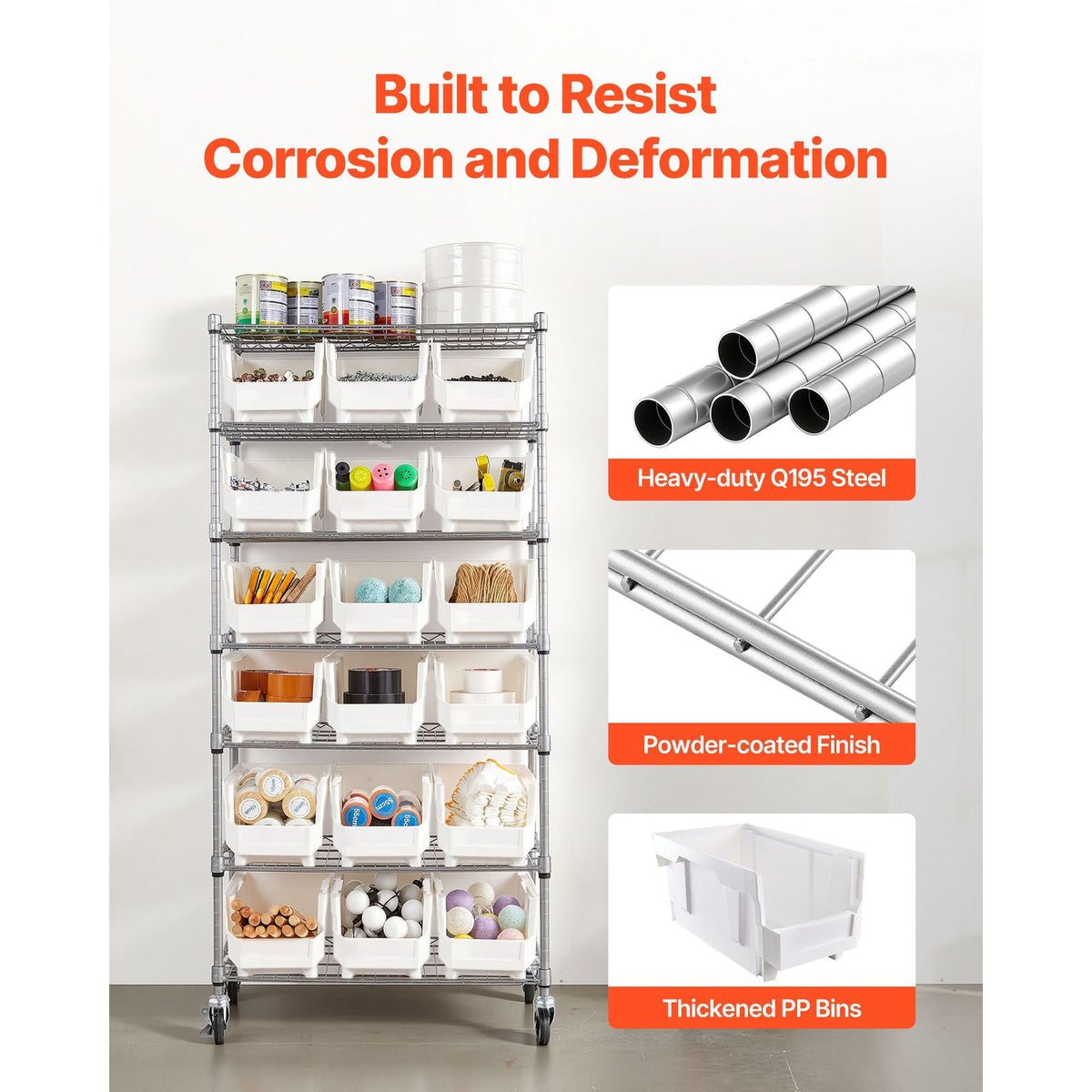 7-Tier Rolling Bin Storage Rack, 18 Organizer Bins, Bin Rack Storage Steel Wire Shelving System with Wheels, Mobile Tool Organizer for Garage, Warehouse, Office, Restaurant, Classroom, Kitchen