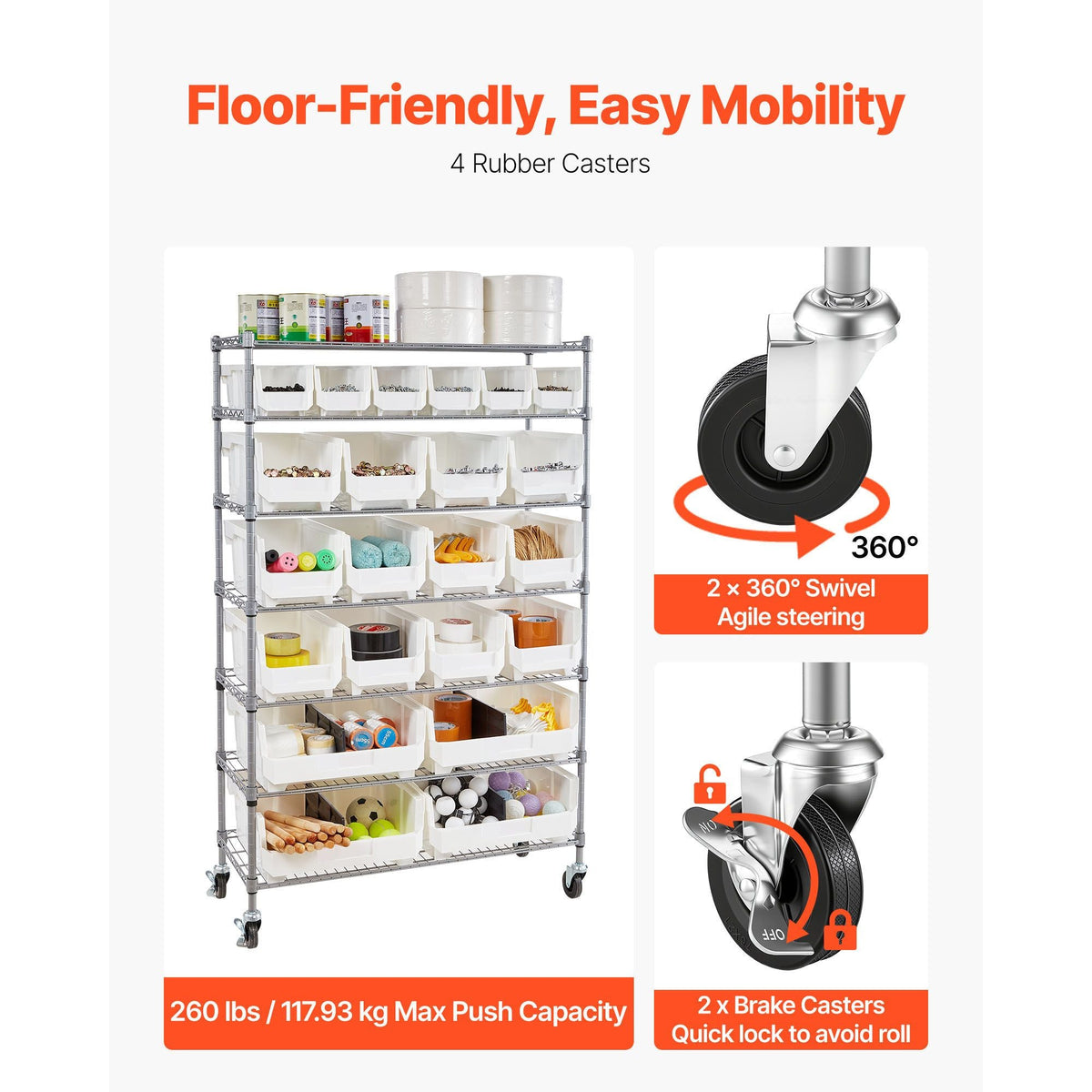 7-Tier Rolling Bin Storage Rack, 22 Organizer Bins, Bin Rack Storage Steel Wire Shelving System with Wheels, Mobile Tool Organizer for Garage, Warehouse, Office, Restaurant, Classroom, Kitchen