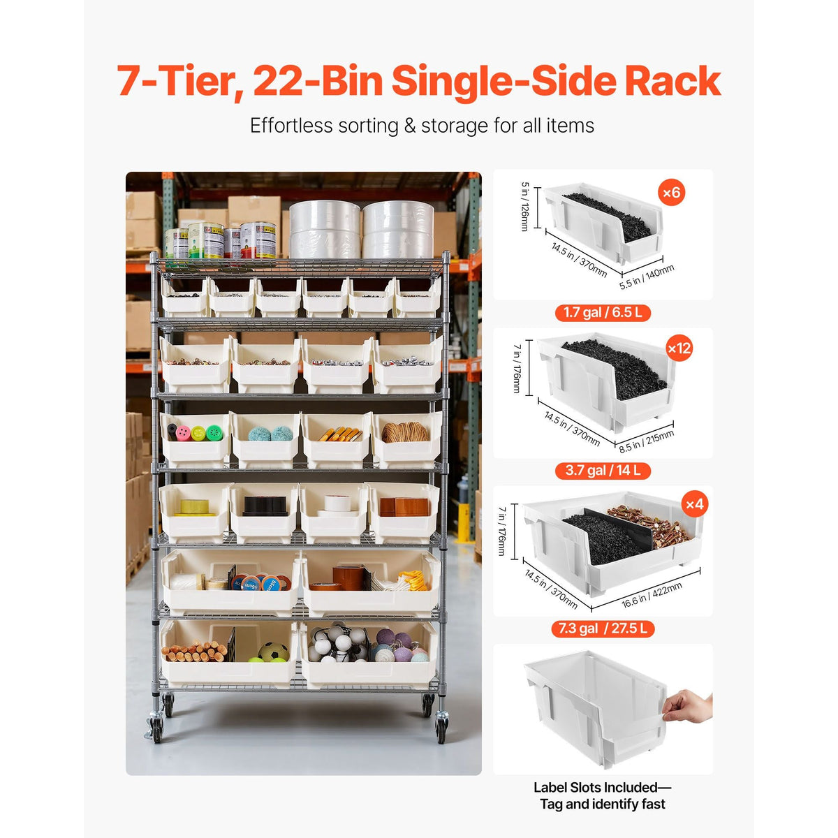 7-Tier Rolling Bin Storage Rack, 22 Organizer Bins, Bin Rack Storage Steel Wire Shelving System with Wheels, Mobile Tool Organizer for Garage, Warehouse, Office, Restaurant, Classroom, Kitchen