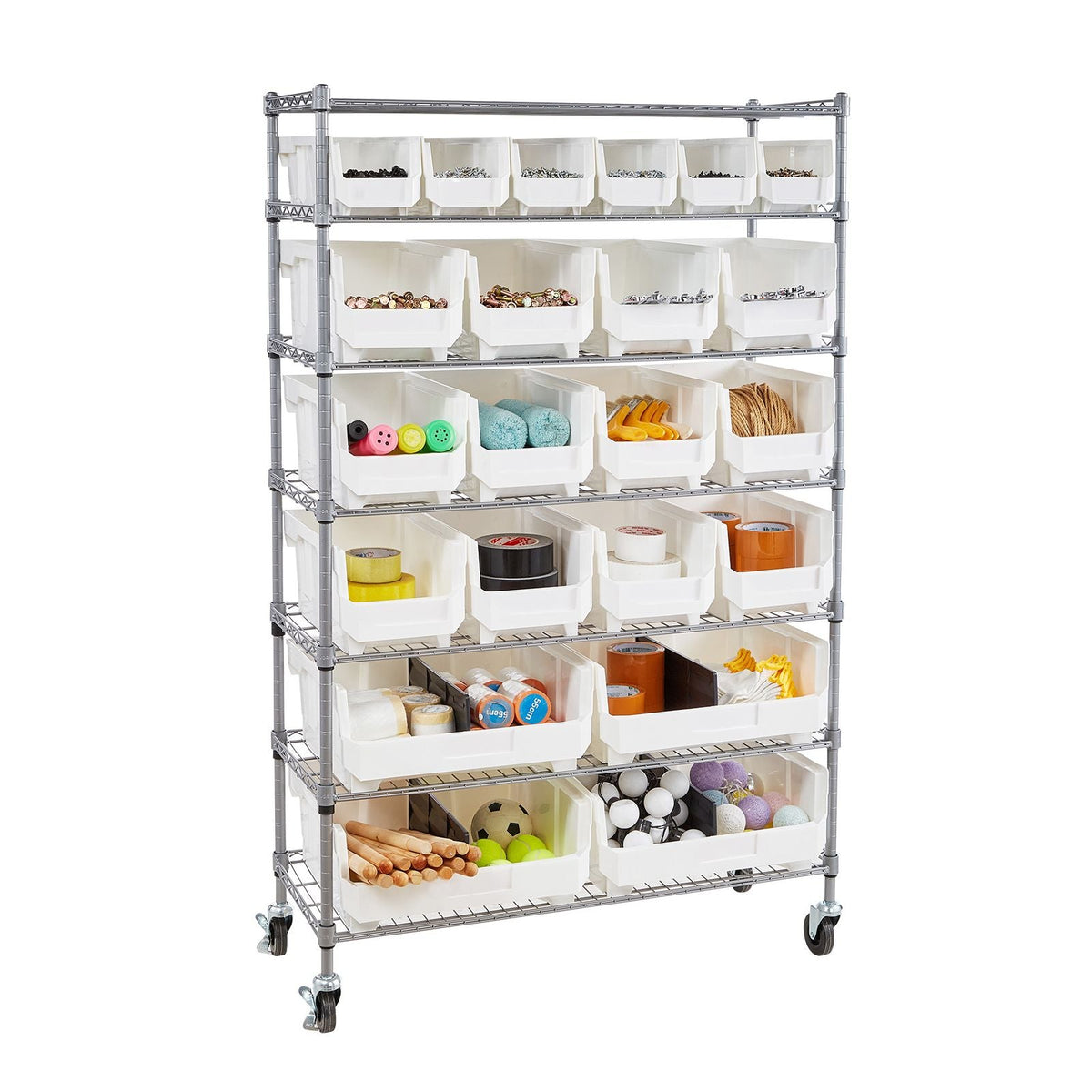 7-Tier Rolling Bin Storage Rack, 22 Organizer Bins, Bin Rack Storage Steel Wire Shelving System with Wheels, Mobile Tool Organizer for Garage, Warehouse, Office, Restaurant, Classroom, Kitchen