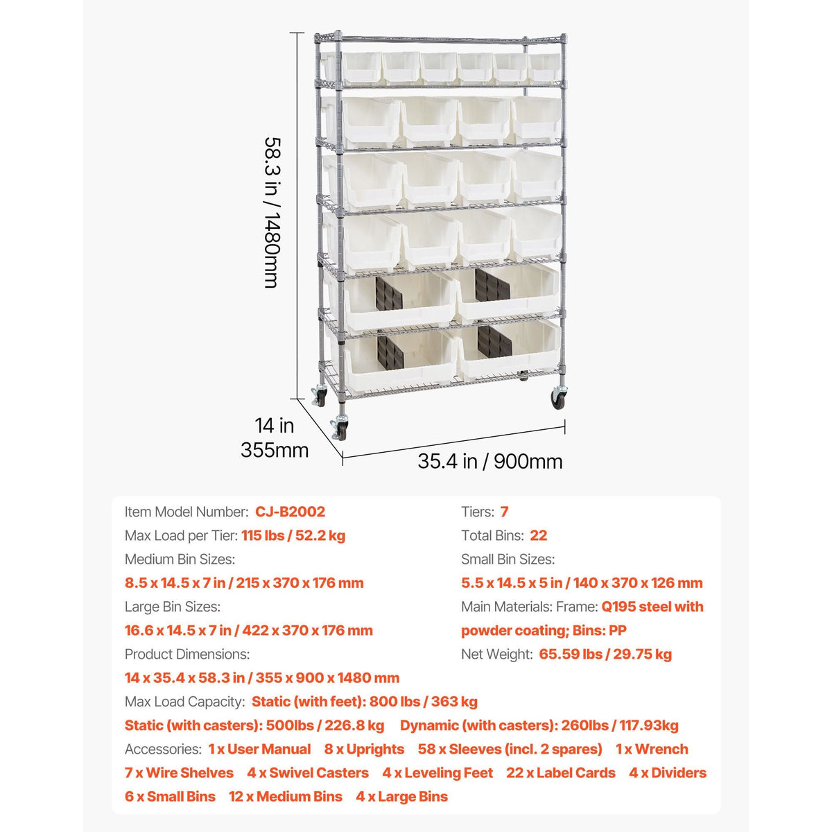 7-Tier Rolling Bin Storage Rack, 22 Organizer Bins, Bin Rack Storage Steel Wire Shelving System with Wheels, Mobile Tool Organizer for Garage, Warehouse, Office, Restaurant, Classroom, Kitchen