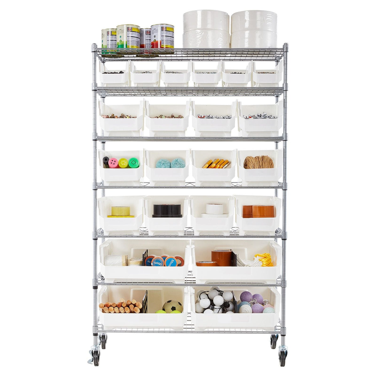 7-Tier Rolling Bin Storage Rack, 22 Organizer Bins, Bin Rack Storage Steel Wire Shelving System with Wheels, Mobile Tool Organizer for Garage, Warehouse, Office, Restaurant, Classroom, Kitchen