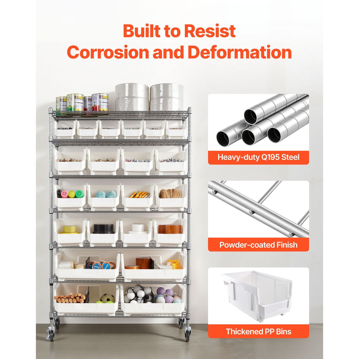7-Tier Rolling Bin Storage Rack, 22 Organizer Bins, Bin Rack Storage Steel Wire Shelving System with Wheels, Mobile Tool Organizer for Garage, Warehouse, Office, Restaurant, Classroom, Kitchen