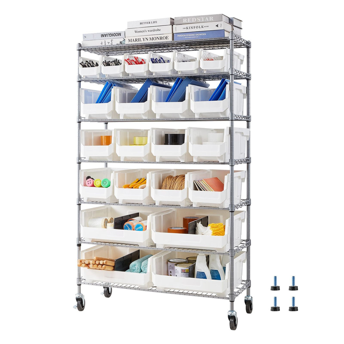 7-Tier Rolling Bin Storage Rack, 22 Organizer Bins, Bin Rack Storage Steel Wire Shelving System with Wheels, Mobile Tool Organizer for Garage, Warehouse, Office, Restaurant, Classroom, Kitchen