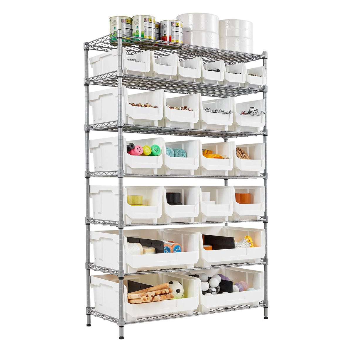 7-Tier Rolling Bin Storage Rack, 22 Organizer Bins, Bin Rack Storage Steel Wire Shelving System with Wheels, Mobile Tool Organizer for Garage, Warehouse, Office, Restaurant, Classroom, Kitchen