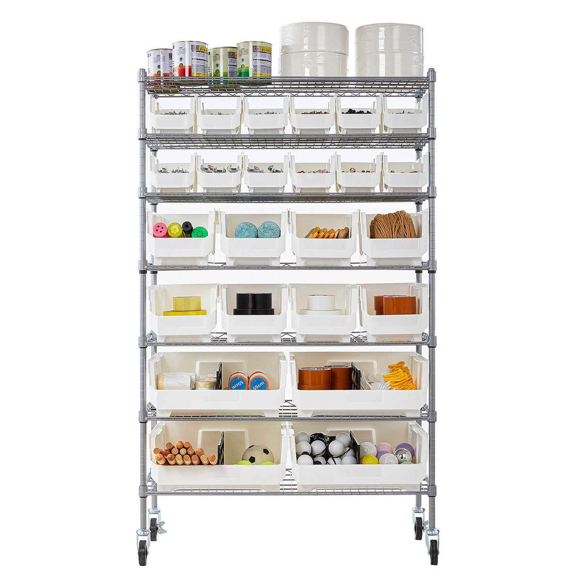 7-Tier Rolling Bin Storage Rack, 24 Organizer Bins, Bin Rack Storage Steel Wire Shelving System with Wheels, Mobile Tool Organizer for Garage, Warehouse, Office, Restaurant, Classroom, Kitchen