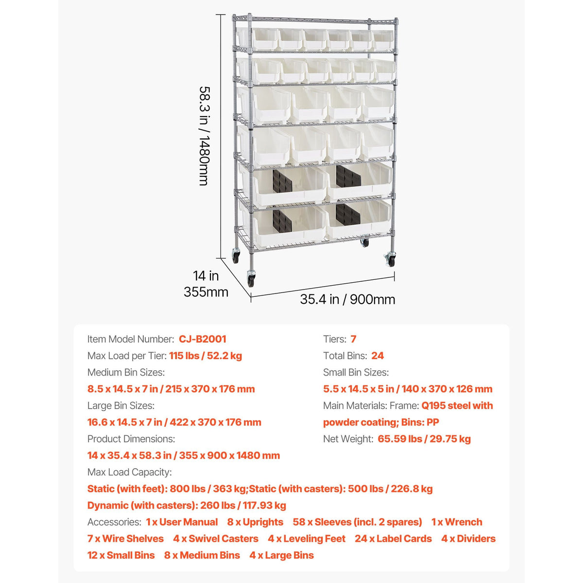 7-Tier Rolling Bin Storage Rack, 24 Organizer Bins, Bin Rack Storage Steel Wire Shelving System with Wheels, Mobile Tool Organizer for Garage, Warehouse, Office, Restaurant, Classroom, Kitchen