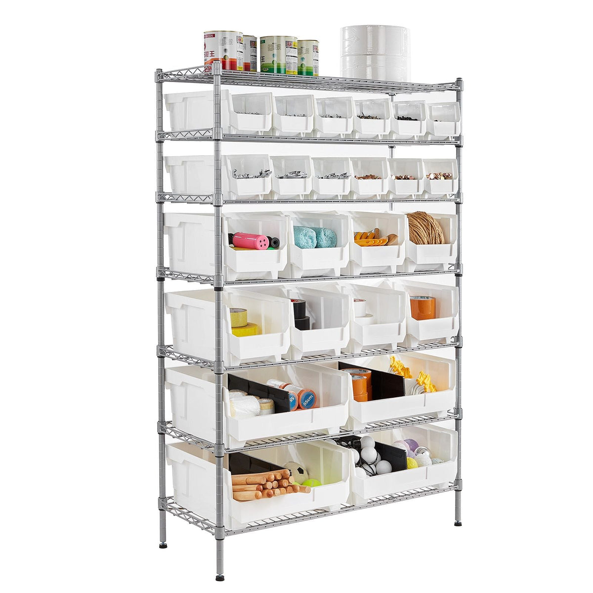 7-Tier Rolling Bin Storage Rack, 24 Organizer Bins, Bin Rack Storage Steel Wire Shelving System with Wheels, Mobile Tool Organizer for Garage, Warehouse, Office, Restaurant, Classroom, Kitchen