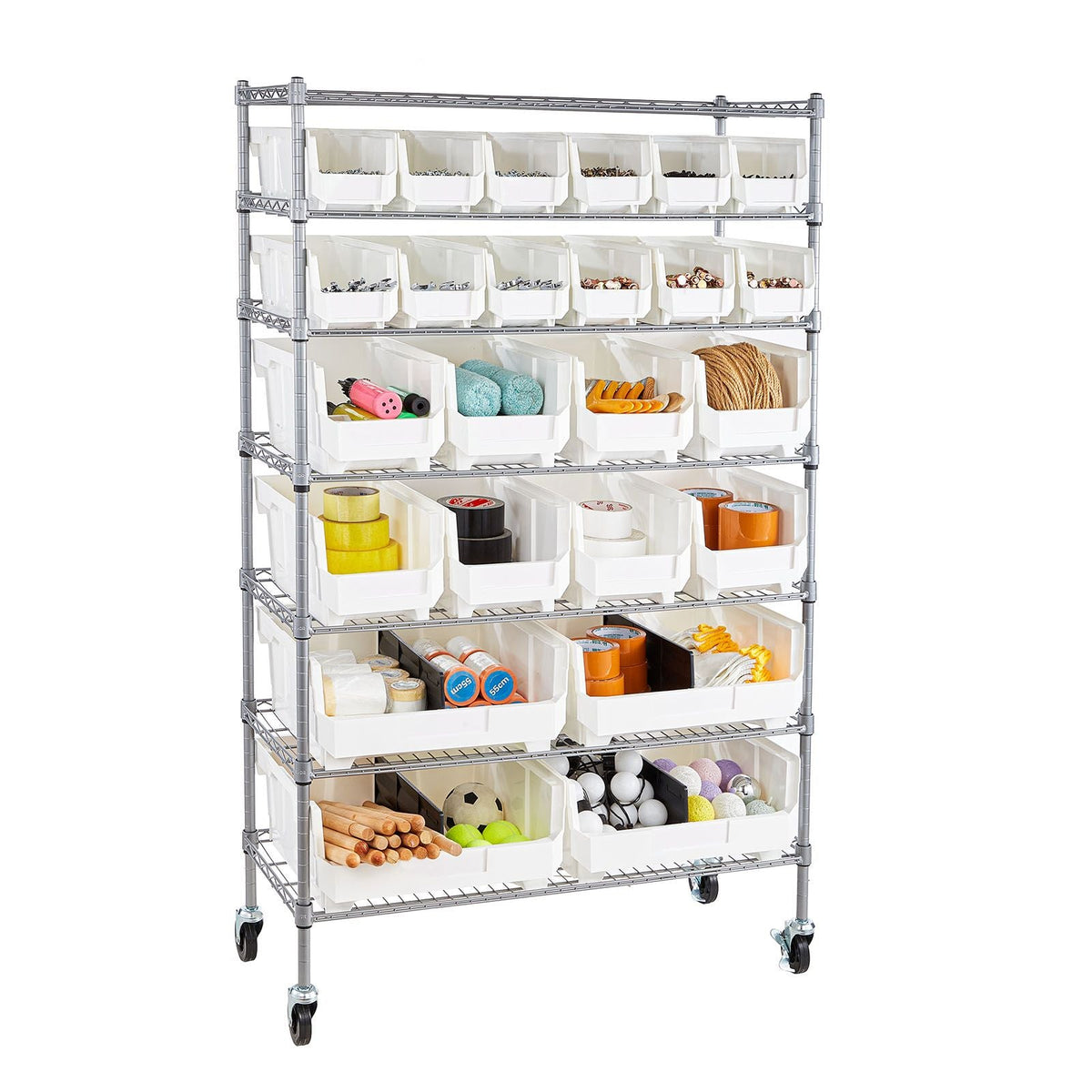 7-Tier Rolling Bin Storage Rack, 24 Organizer Bins, Bin Rack Storage Steel Wire Shelving System with Wheels, Mobile Tool Organizer for Garage, Warehouse, Office, Restaurant, Classroom, Kitchen