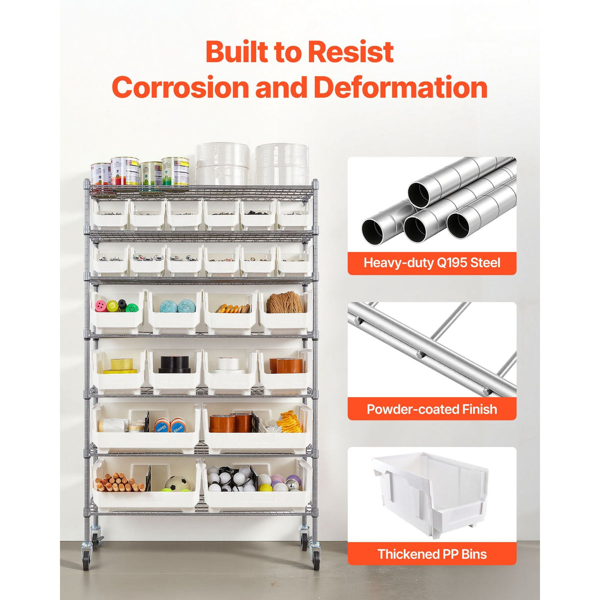 7-Tier Rolling Bin Storage Rack, 24 Organizer Bins, Bin Rack Storage Steel Wire Shelving System with Wheels, Mobile Tool Organizer for Garage, Warehouse, Office, Restaurant, Classroom, Kitchen