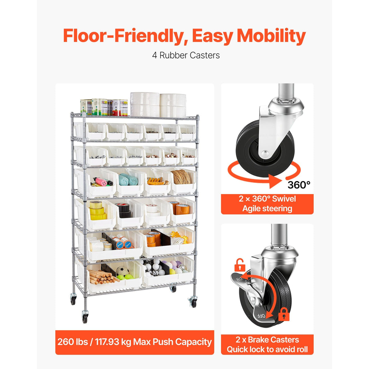 7-Tier Rolling Bin Storage Rack, 24 Organizer Bins, Bin Rack Storage Steel Wire Shelving System with Wheels, Mobile Tool Organizer for Garage, Warehouse, Office, Restaurant, Classroom, Kitchen