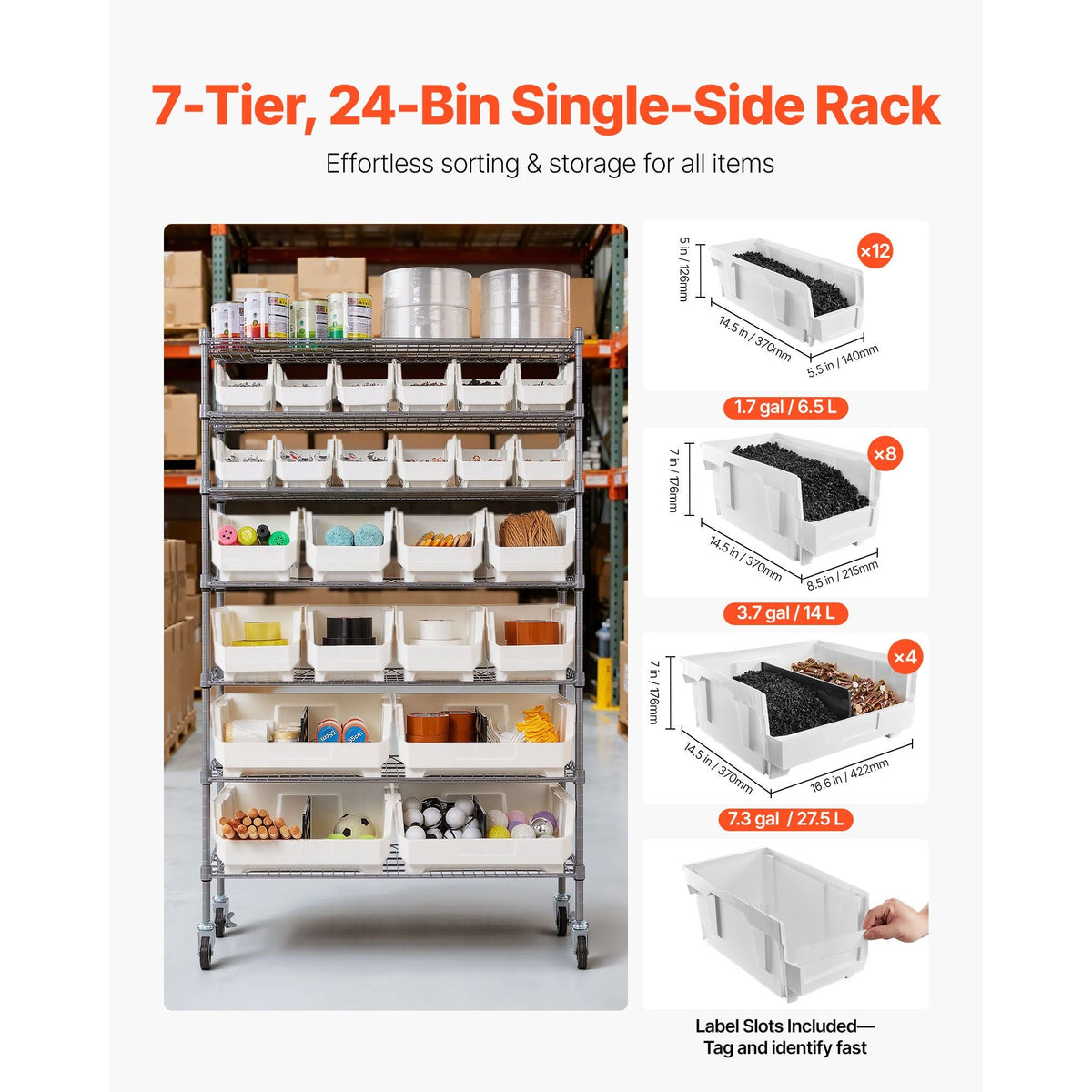 7-Tier Rolling Bin Storage Rack, 24 Organizer Bins, Bin Rack Storage Steel Wire Shelving System with Wheels, Mobile Tool Organizer for Garage, Warehouse, Office, Restaurant, Classroom, Kitchen