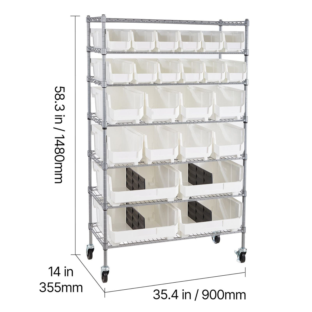 7-Tier Rolling Bin Storage Rack, 24 Organizer Bins, Bin Rack Storage Steel Wire Shelving System with Wheels, Mobile Tool Organizer for Garage, Warehouse, Office, Restaurant, Classroom, Kitchen