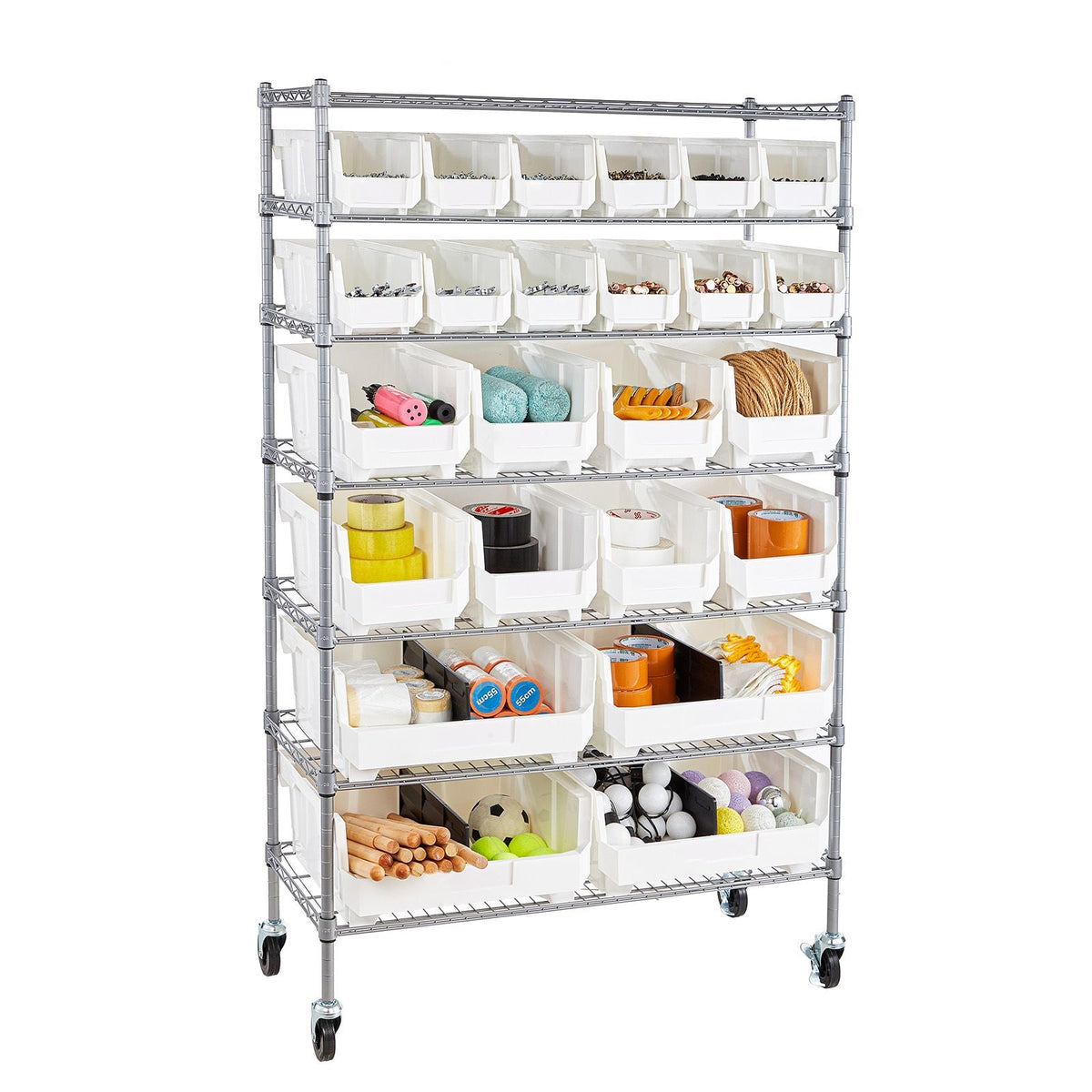 7-Tier Rolling Bin Storage Rack, 24 Organizer Bins, Bin Rack Storage Steel Wire Shelving System with Wheels, Mobile Tool Organizer for Garage, Warehouse, Office, Restaurant, Classroom, Kitchen