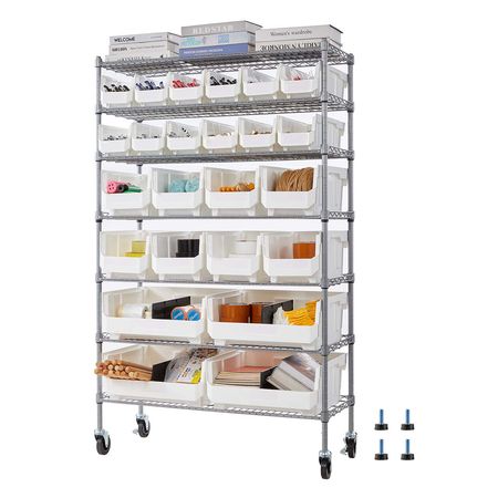 7-Tier Rolling Bin Storage Rack, 24 Organizer Bins, Bin Rack Storage Steel Wire Shelving System with Wheels, Mobile Tool Organizer for Garage, Warehouse, Office, Restaurant, Classroom, Kitchen