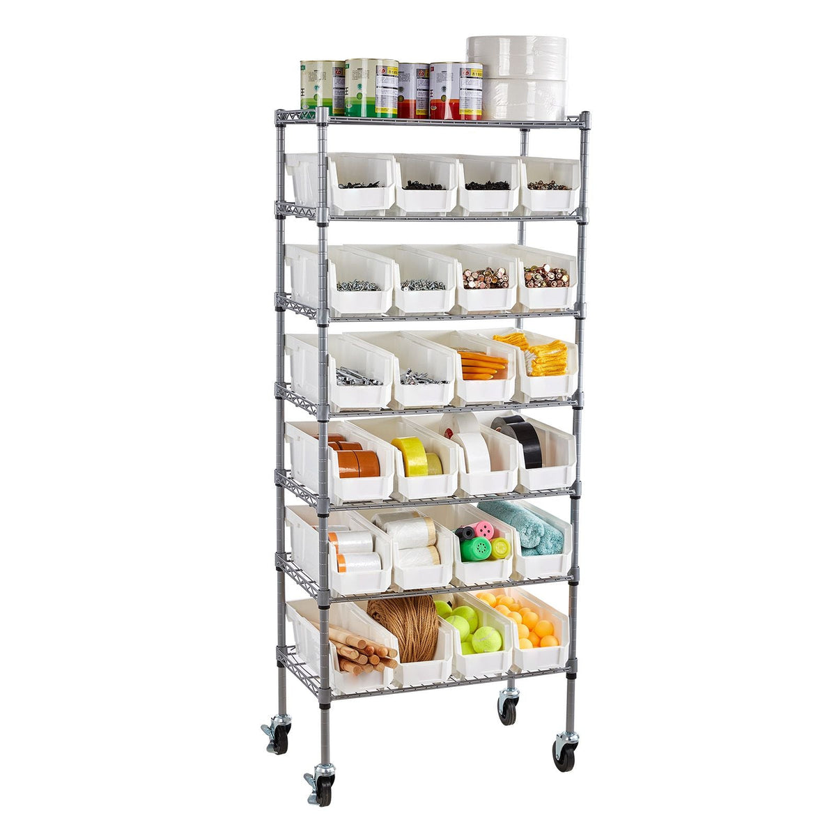7-Tier Rolling Bin Storage Rack, 24 Small Bins, Bin Rack Storage Steel Wire Shelving System with Wheels, Mobile Tool Organizer for Garage, Warehouse, Office, Restaurant, Classroom, Kitchen