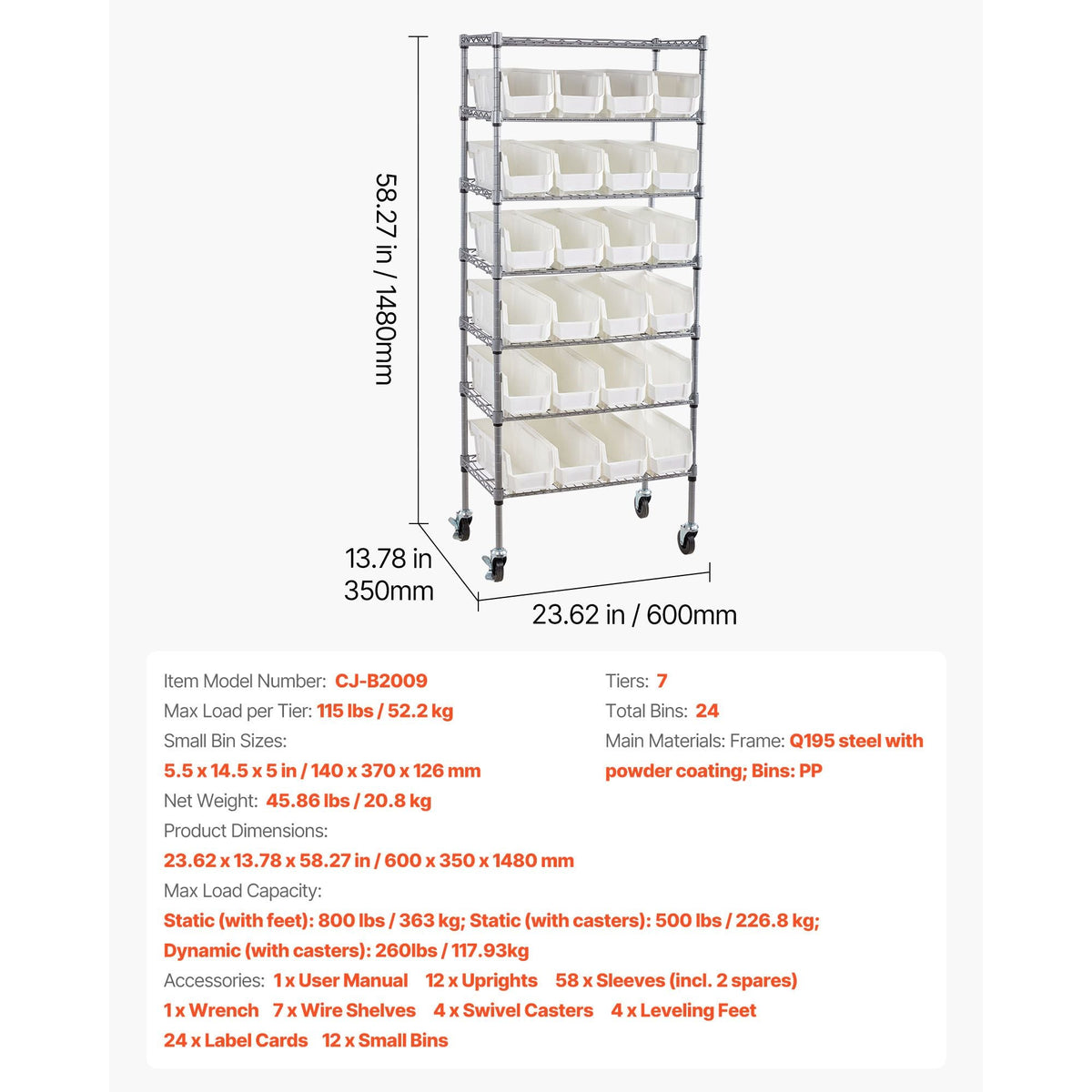 7-Tier Rolling Bin Storage Rack, 24 Small Bins, Bin Rack Storage Steel Wire Shelving System with Wheels, Mobile Tool Organizer for Garage, Warehouse, Office, Restaurant, Classroom, Kitchen