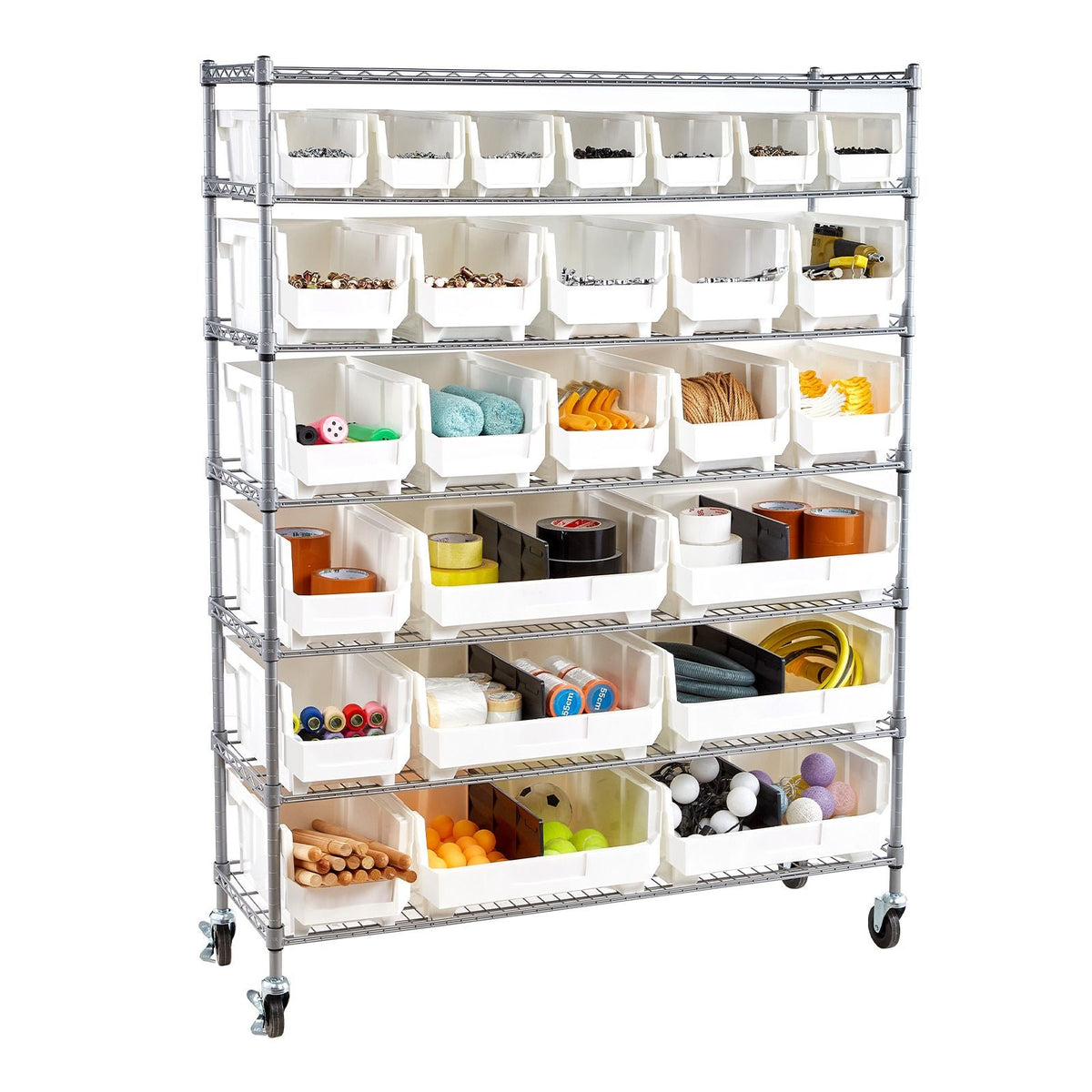 7-Tier Rolling Bin Storage Rack, 26 Organizer Bins, Bin Rack Storage Steel Wire Shelving System with Wheels, Mobile Tool Organizer for Garage, Warehouse, Office, Restaurant, Classroom, Kitchen